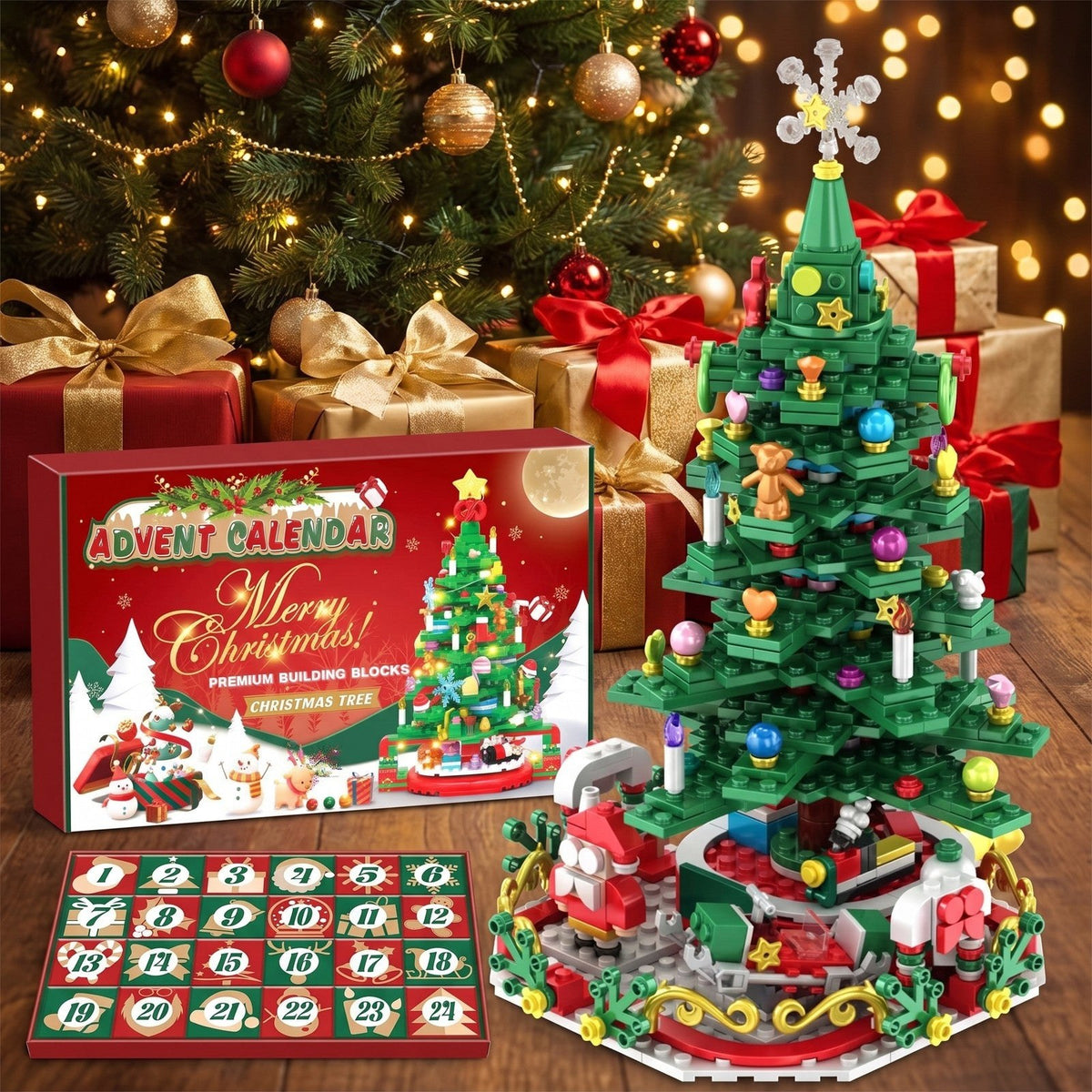 Calendrier de l'Avent Sapin de Noël en Briques, 24 Boîtes pour un Grand Sapin Lumineux