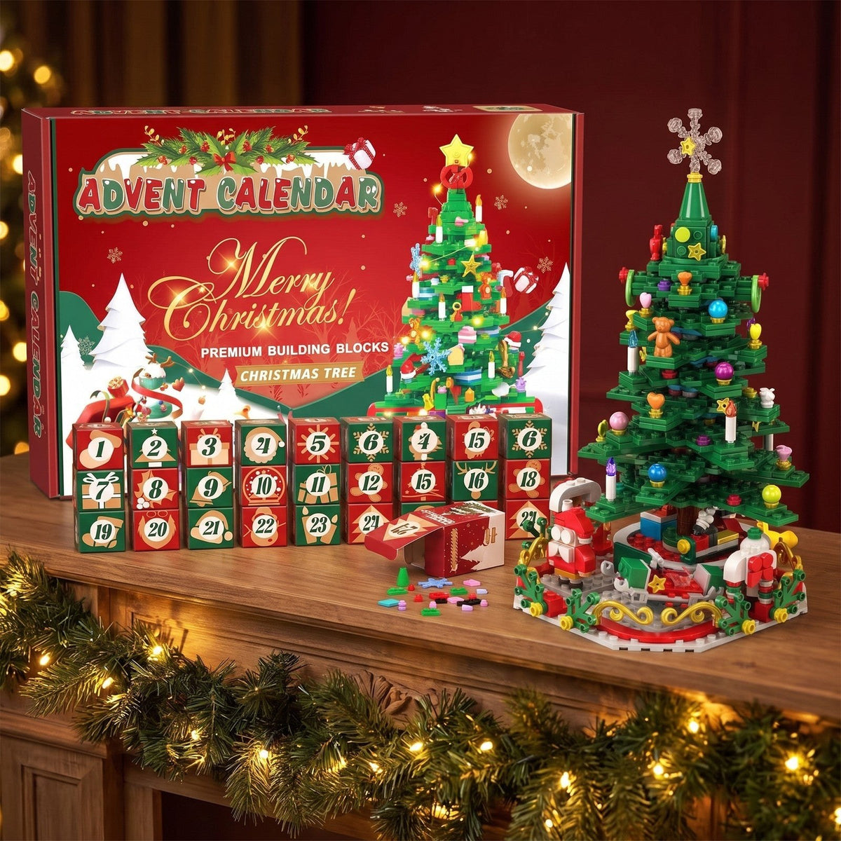 Calendrier de l'Avent Sapin de Noël en Briques, 24 Boîtes pour un Grand Sapin Lumineux