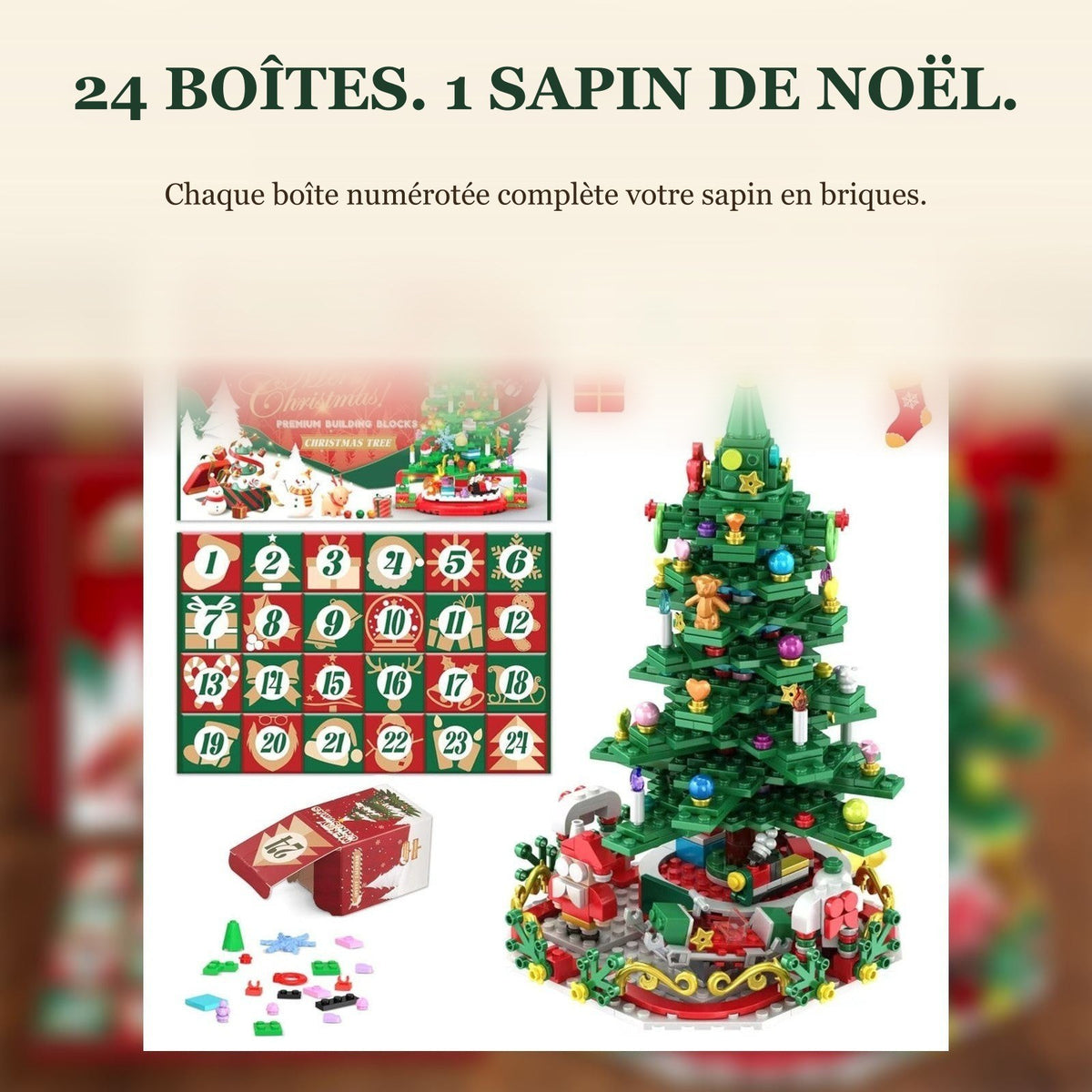 Calendrier de l'Avent Sapin de Noël en Briques, 24 Boîtes pour un Grand Sapin Lumineux