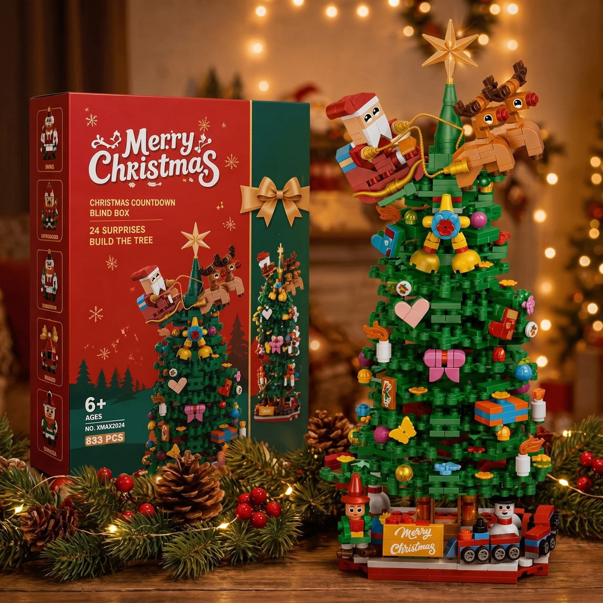 Calendrier de l'Avent Sapin de Noël en Briques, 833 Pièces dans 24 Boîtes Surprises
