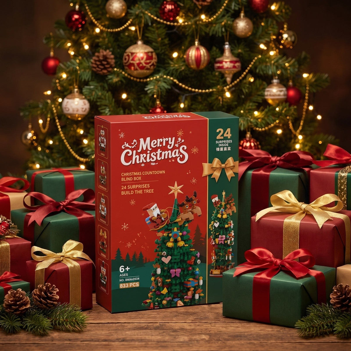 Calendrier de l'Avent Sapin de Noël en Briques, 833 Pièces dans 24 Boîtes Surprises