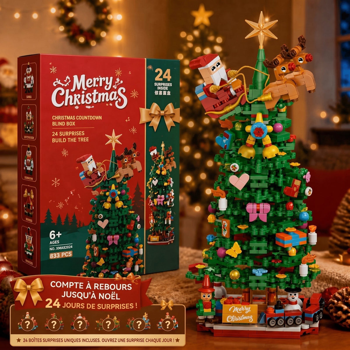 Calendrier de l'Avent Sapin de Noël en Briques, 833 Pièces dans 24 Boîtes Surprises