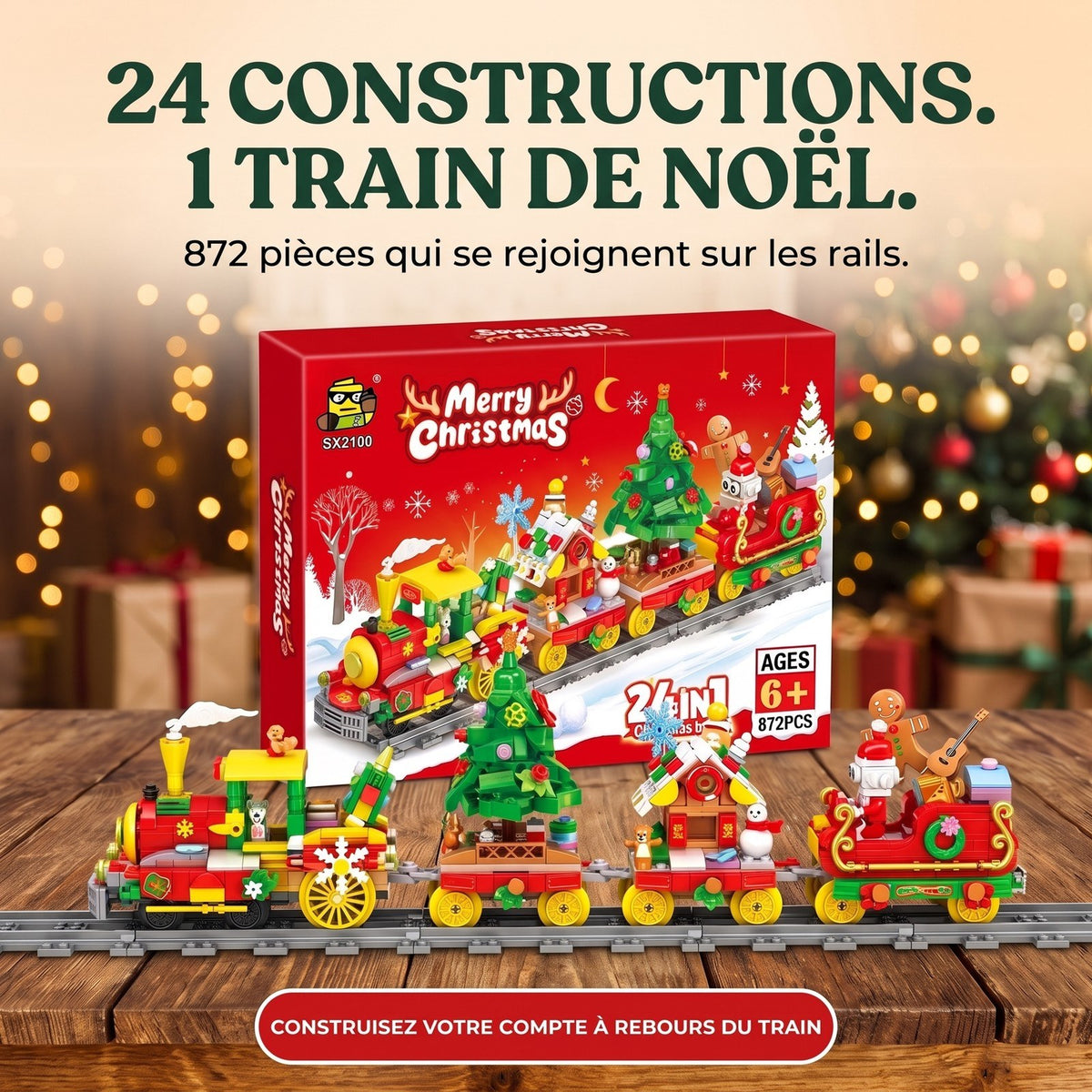Calendrier de l'Avent Train de Noël 24 en 1, 872 Pièces en Briques