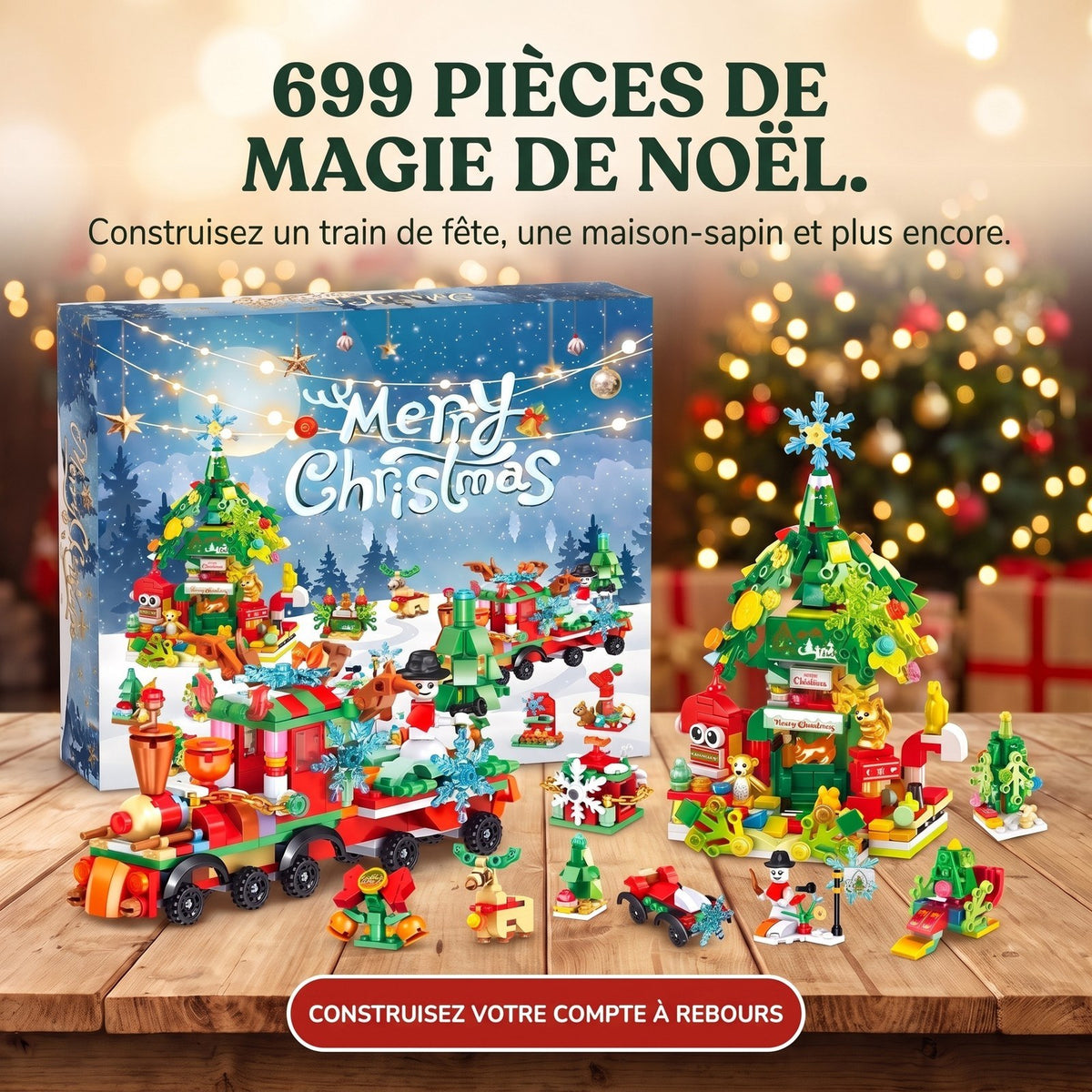 Calendrier de l'Avent Train de Noël et Maison-Sapin, 699 Pièces en Briques
