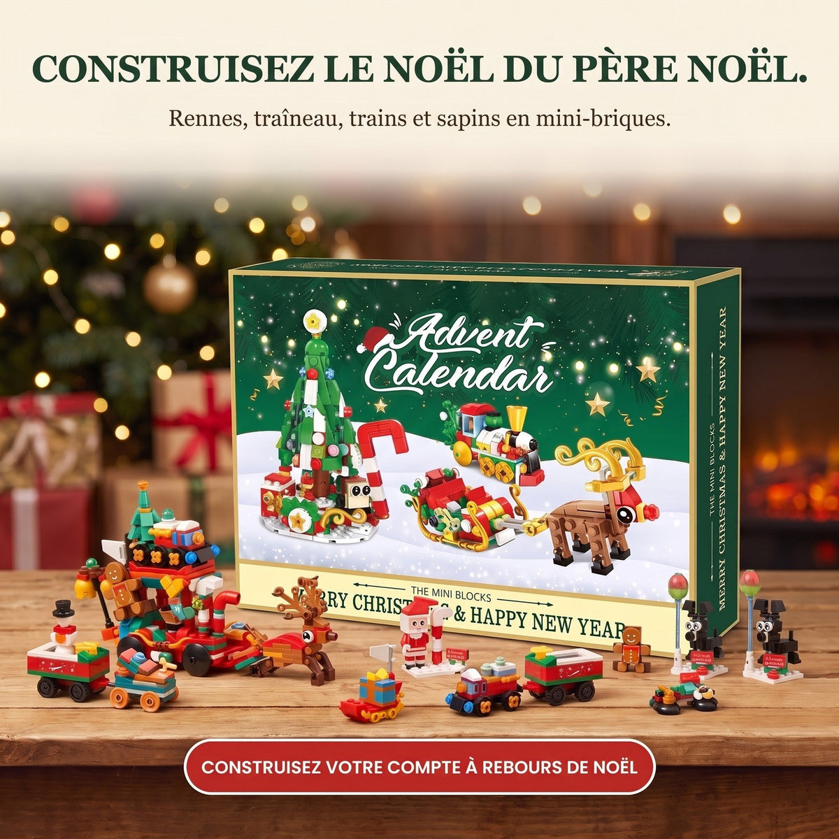 Calendrier de l'Avent Traîneau du Père Noël en Mini-Briques, Village de Noël