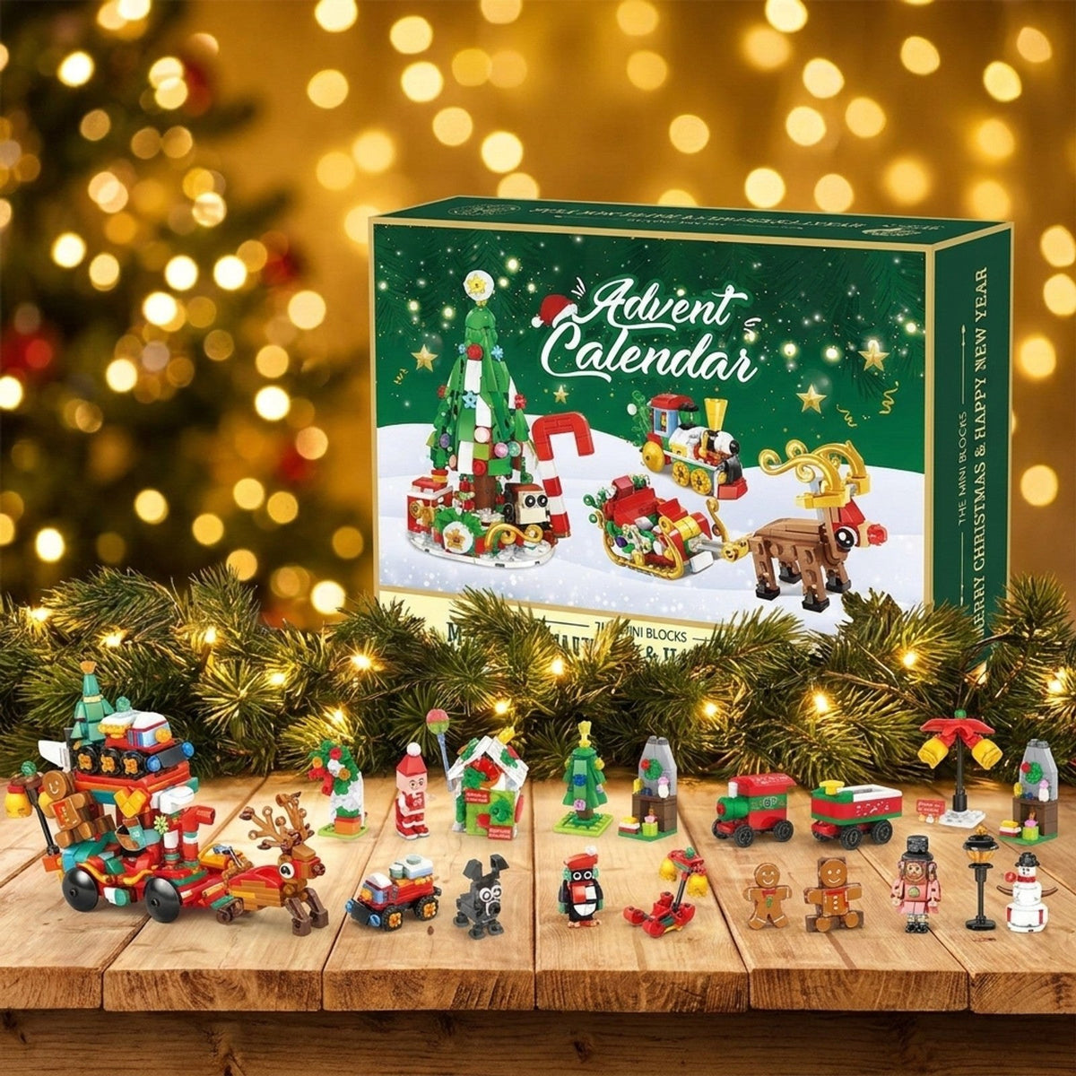 Calendrier de l'Avent Traîneau du Père Noël en Mini-Briques, Village de Noël