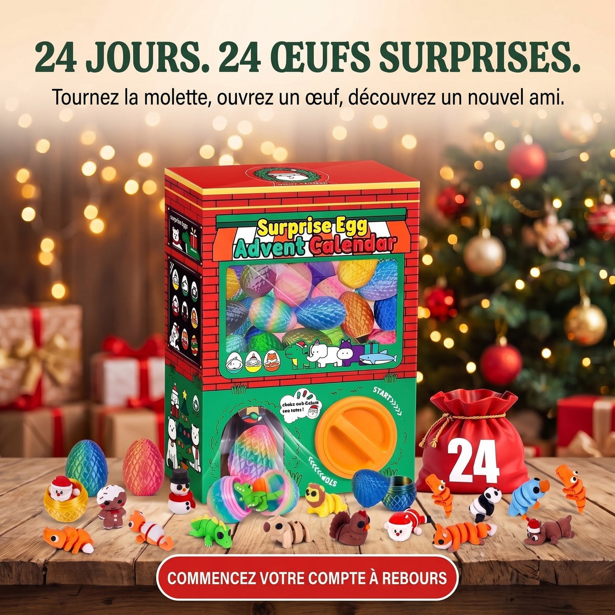 Calendrier de l'Avent Œufs Surprises, 24 Œufs avec Figurines Souples Imprimées en 3D