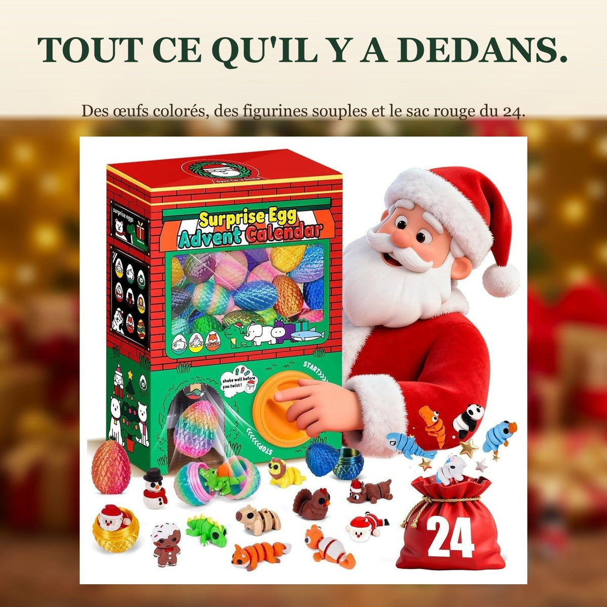 Calendrier de l'Avent Œufs Surprises, 24 Œufs avec Figurines Souples Imprimées en 3D