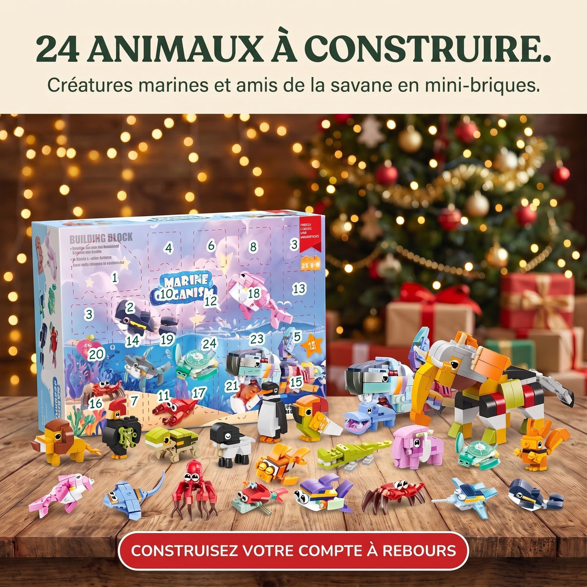 Calendrier de l'Avent Vie Marine, 24 Animaux en Briques + Grande Créature Marine
