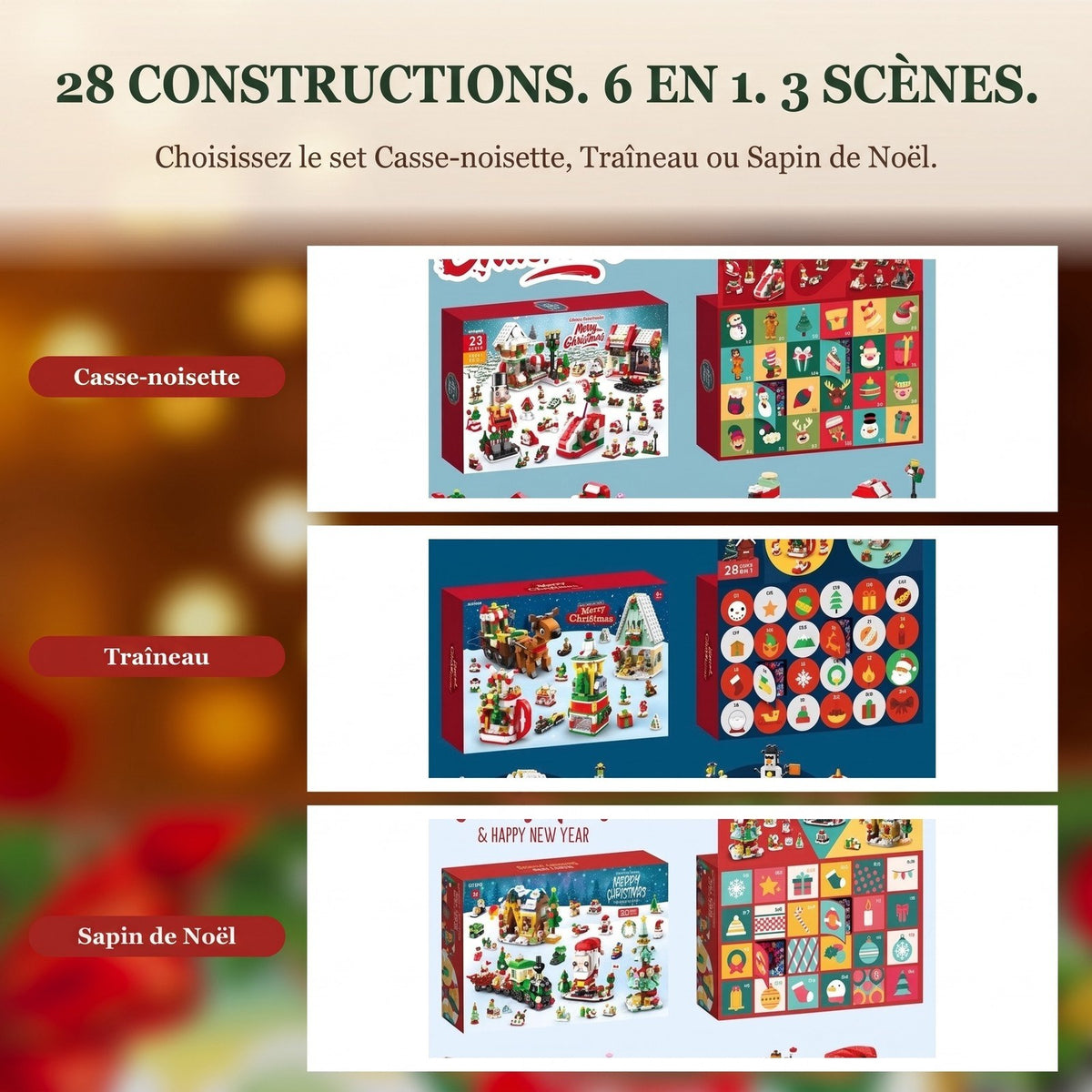 Calendrier de l'Avent Village de Noël, 28 Constructions 6 en 1, Casse-noisette, Traîneau ou Sapin