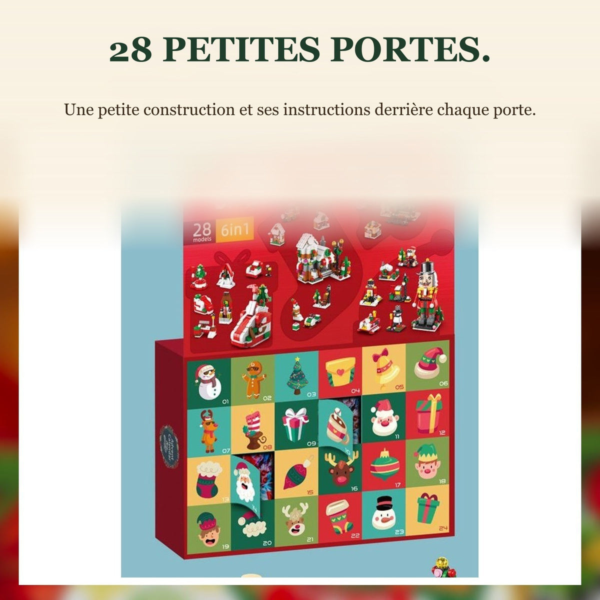 Calendrier de l'Avent Village de Noël, 28 Constructions 6 en 1, Casse-noisette, Traîneau ou Sapin