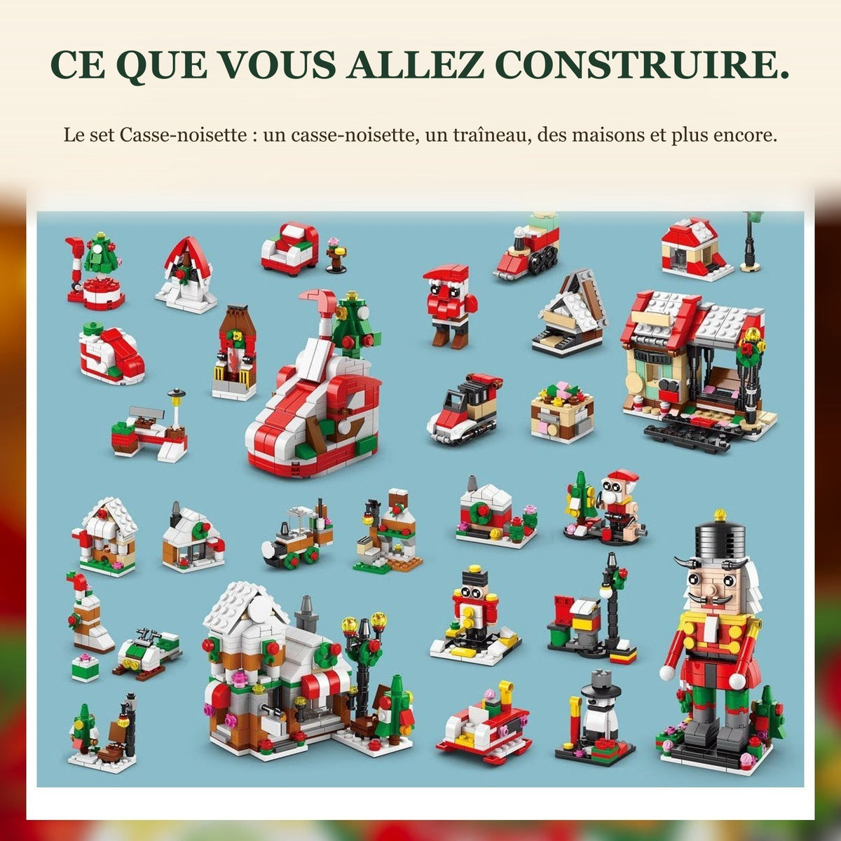 Calendrier de l'Avent Village de Noël, 28 Constructions 6 en 1, Casse-noisette, Traîneau ou Sapin