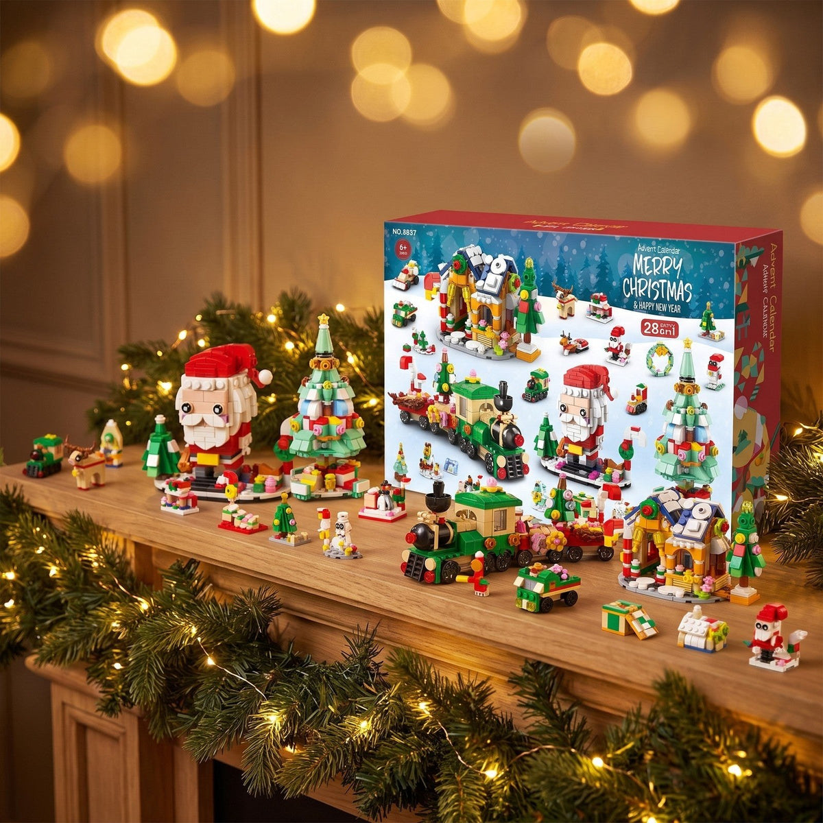Calendrier de l'Avent Village de Noël, 28 Constructions 6 en 1, Casse-noisette, Traîneau ou Sapin