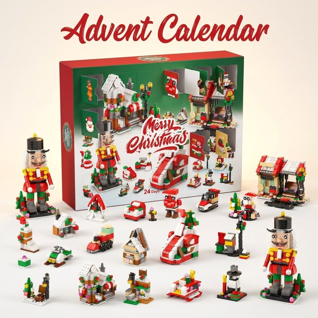 Calendrier de l'Avent Village de Noël, 28 Constructions 6 en 1, Casse-noisette, Traîneau ou Sapin