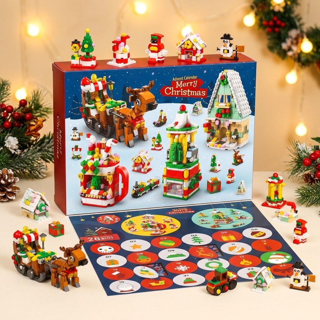 Calendrier de l'Avent Village de Noël, 28 Constructions 6 en 1, Casse-noisette, Traîneau ou Sapin