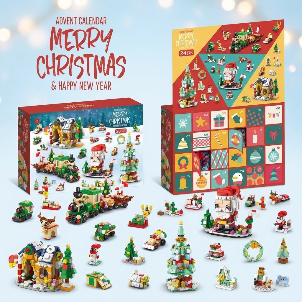 Calendrier de l'Avent Village de Noël, 28 Constructions 6 en 1, Casse-noisette, Traîneau ou Sapin