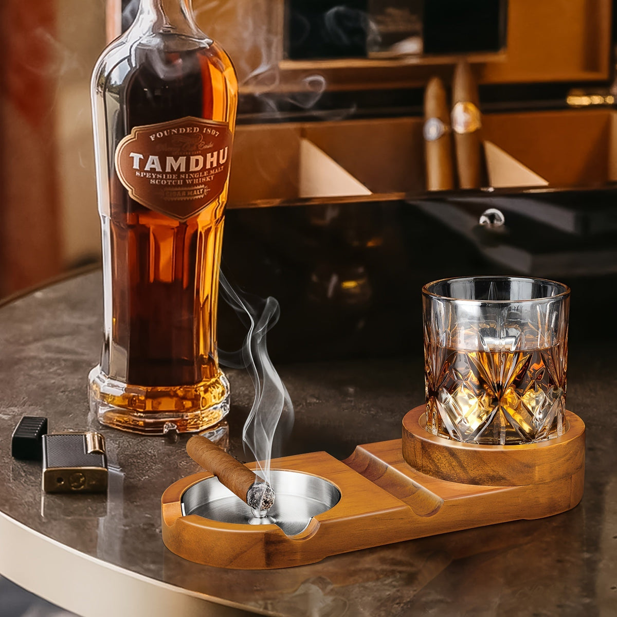 Cendrier à cigare créatif et plateau pour verre à whisky - CADEAU idéal pour la Fête des Pères ou cadeau d'entreprise