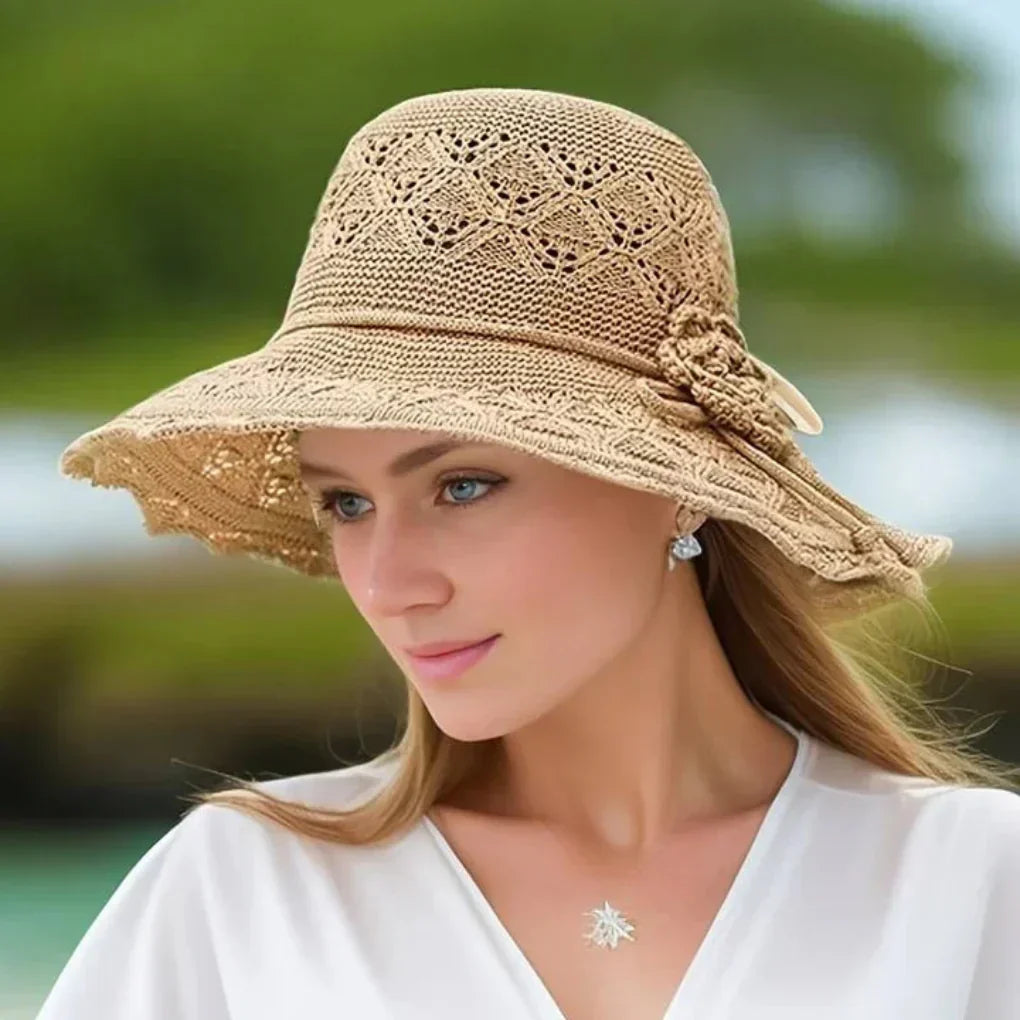 Chapeau de soleil femme à large bord et détails crochetés