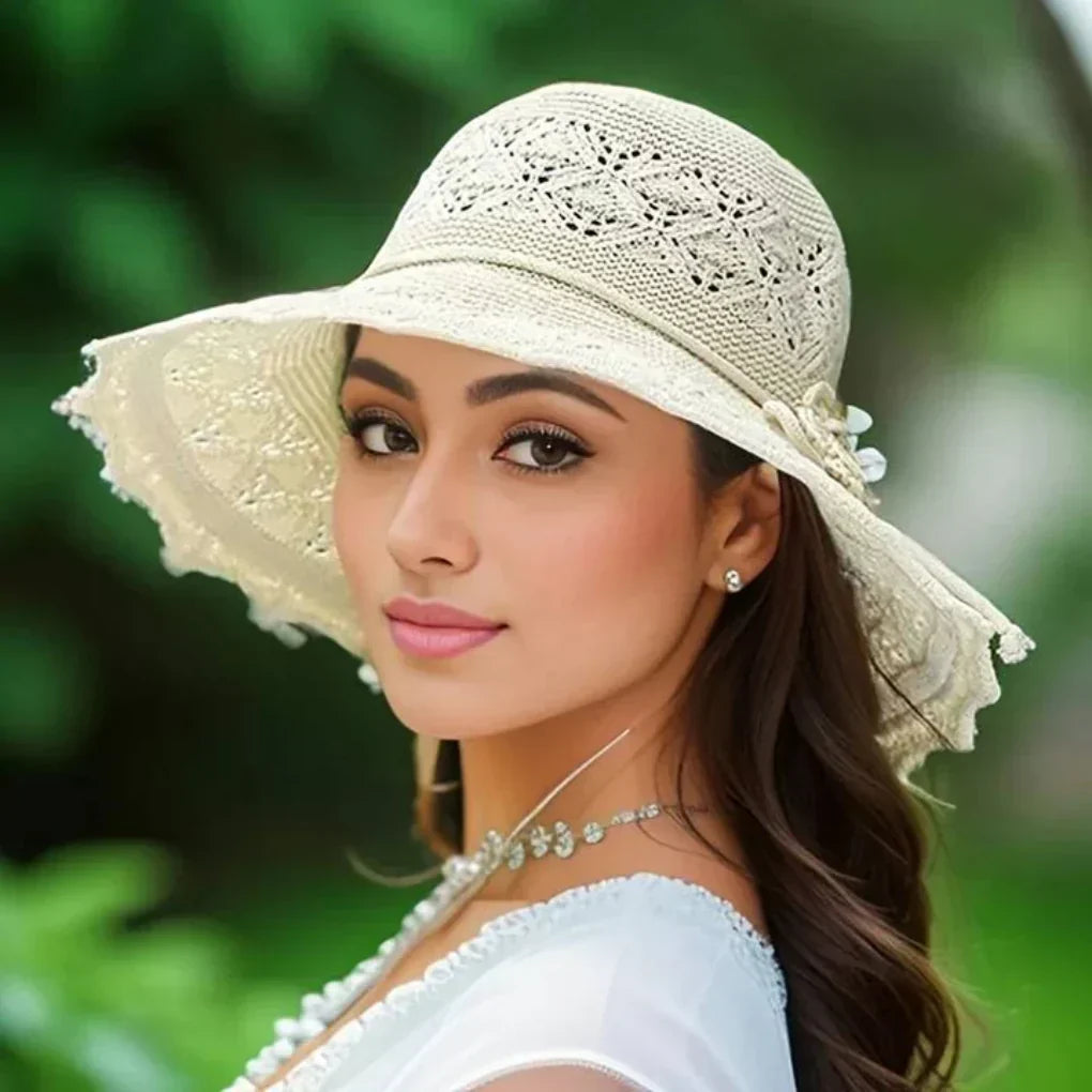 Chapeau de soleil femme à large bord et détails crochetés