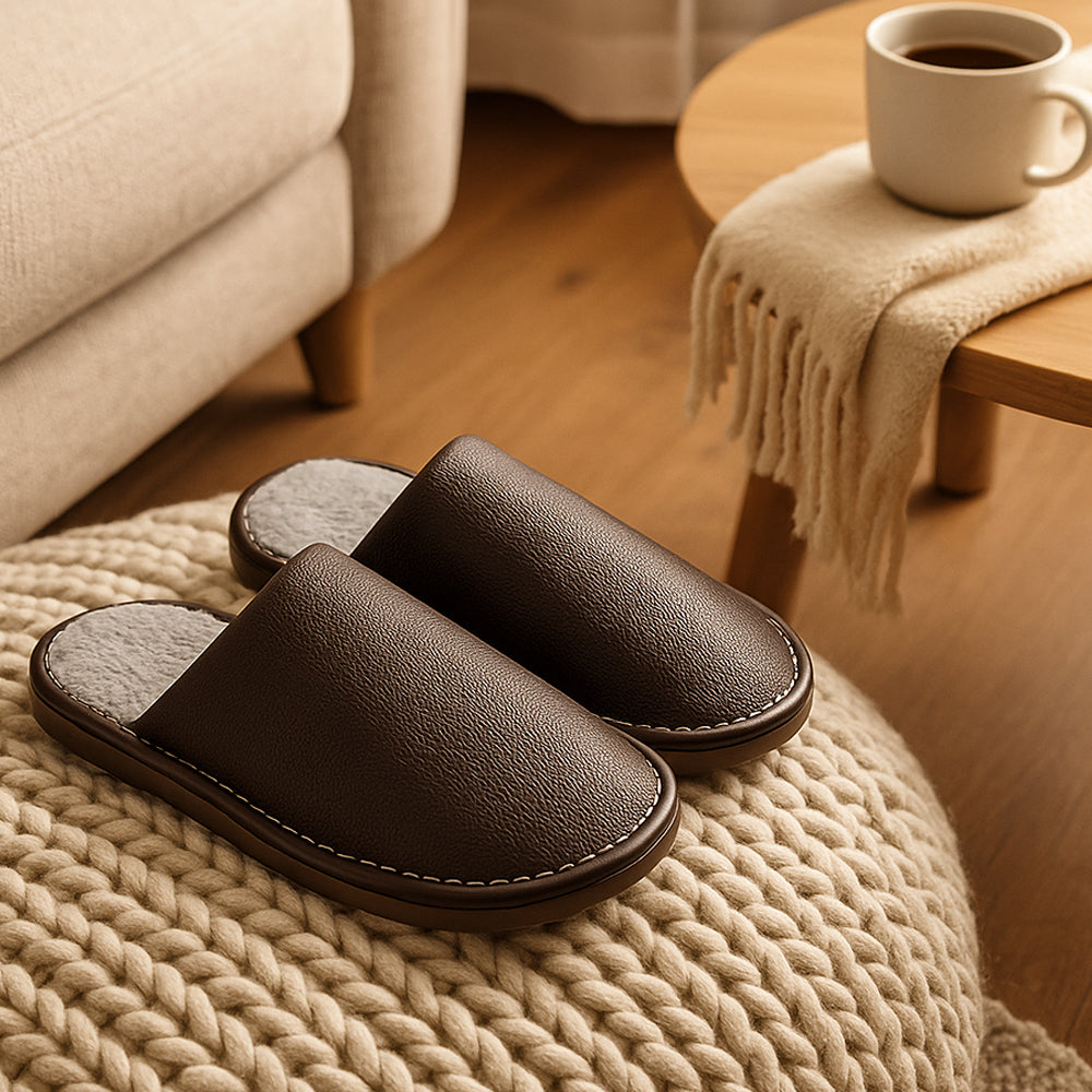 Chaussons d'intérieur en cuir PU – Élégants, durables et confortables (marron et gris)