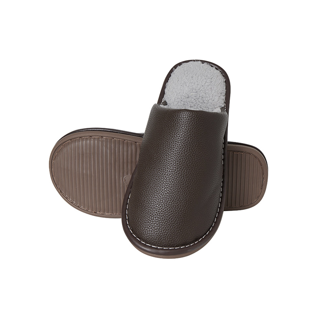 Chaussons d'intérieur en cuir PU – Élégants, durables et confortables (marron et gris)