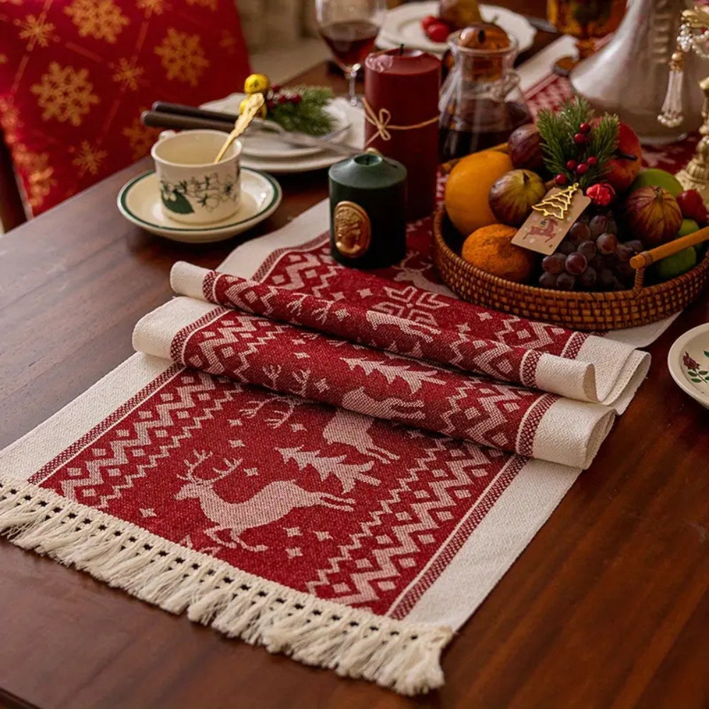 Chemin de table de Noël festif à motif renne