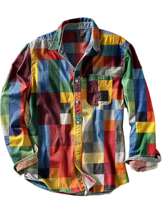 Chemise à manches longues pour homme avec motif patchwork et poche poitrine