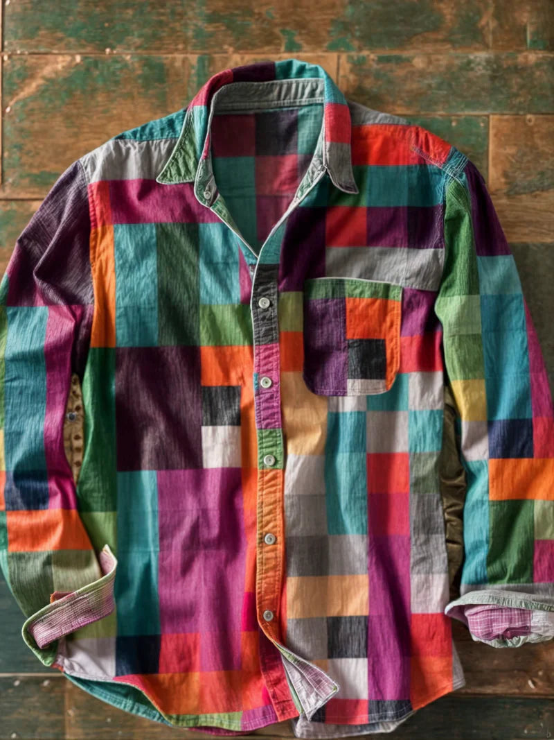 Chemise à manches longues pour homme avec motif patchwork et poche poitrine