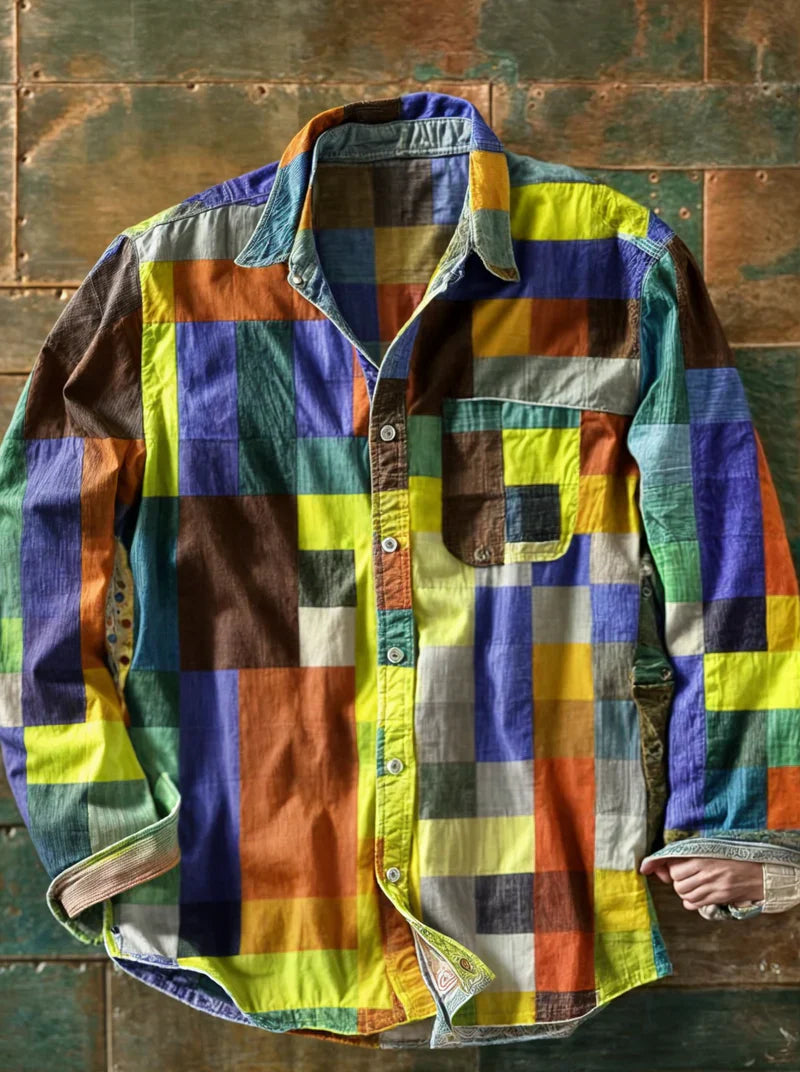 Chemise à manches longues pour homme avec motif patchwork et poche poitrine