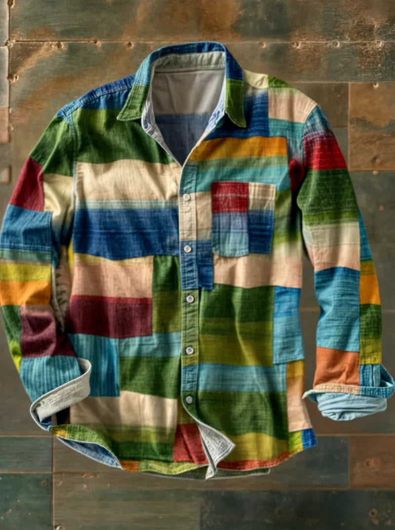 Chemise à manches longues pour homme avec motif patchwork et poche poitrine
