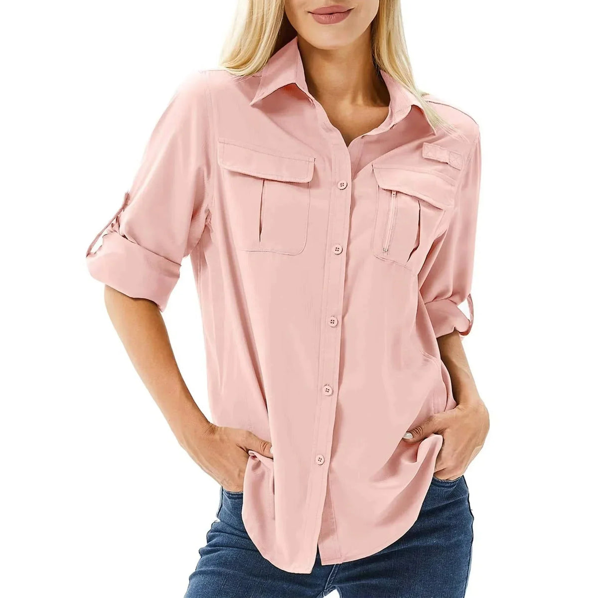 Chemise de randonnée et safari UPF 50 pour femme avec manches retroussables et poches zippées