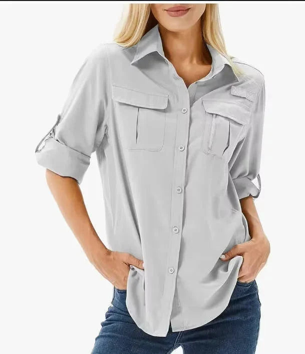 Chemise de randonnée et safari UPF 50 pour femme avec manches retroussables et poches zippées