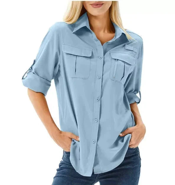 Chemise de randonnée et safari UPF 50 pour femme avec manches retroussables et poches zippées