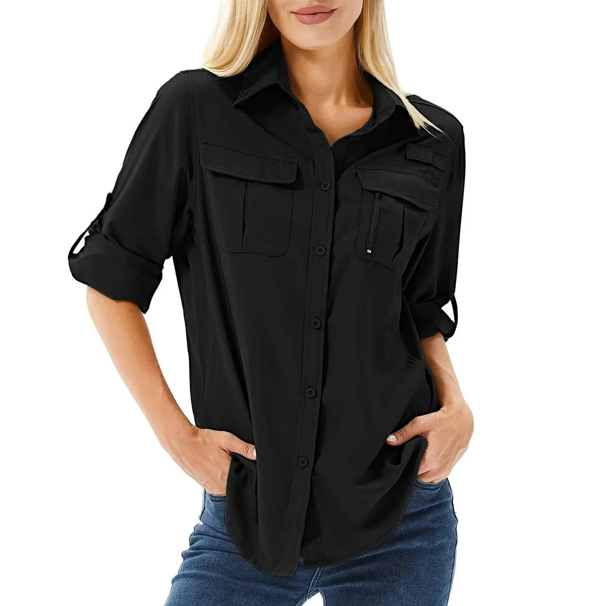 Chemise de randonnée et safari UPF 50 pour femme avec manches retroussables et poches zippées