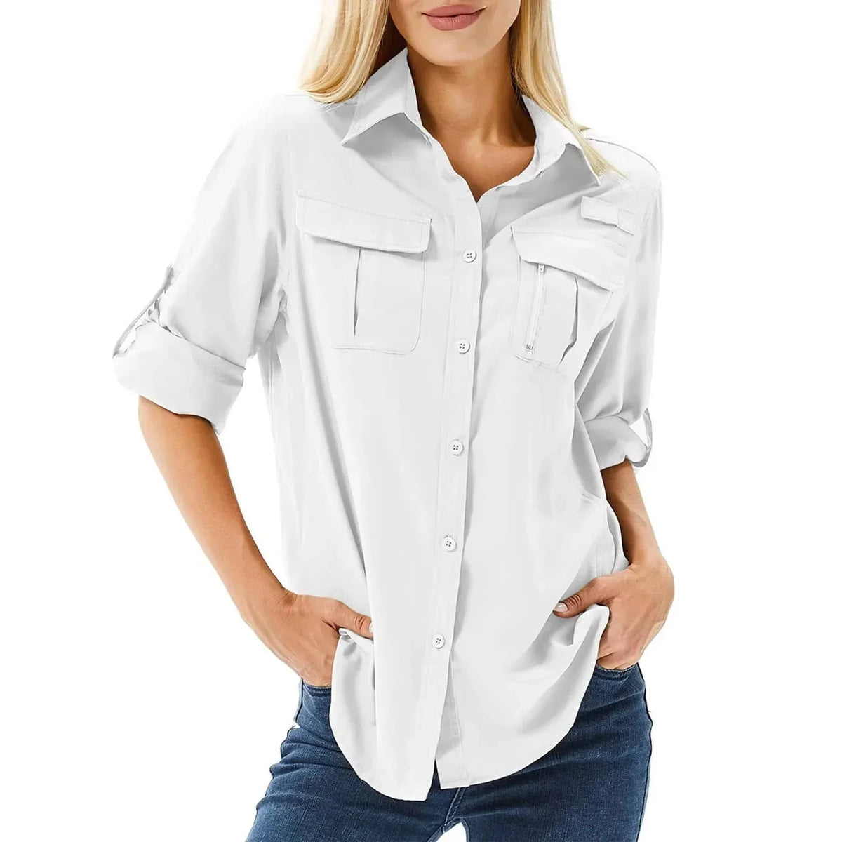 Chemise de randonnée et safari UPF 50 pour femme avec manches retroussables et poches zippées