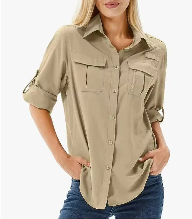 Chemise de randonnée et safari UPF 50 pour femme avec manches retroussables et poches zippées