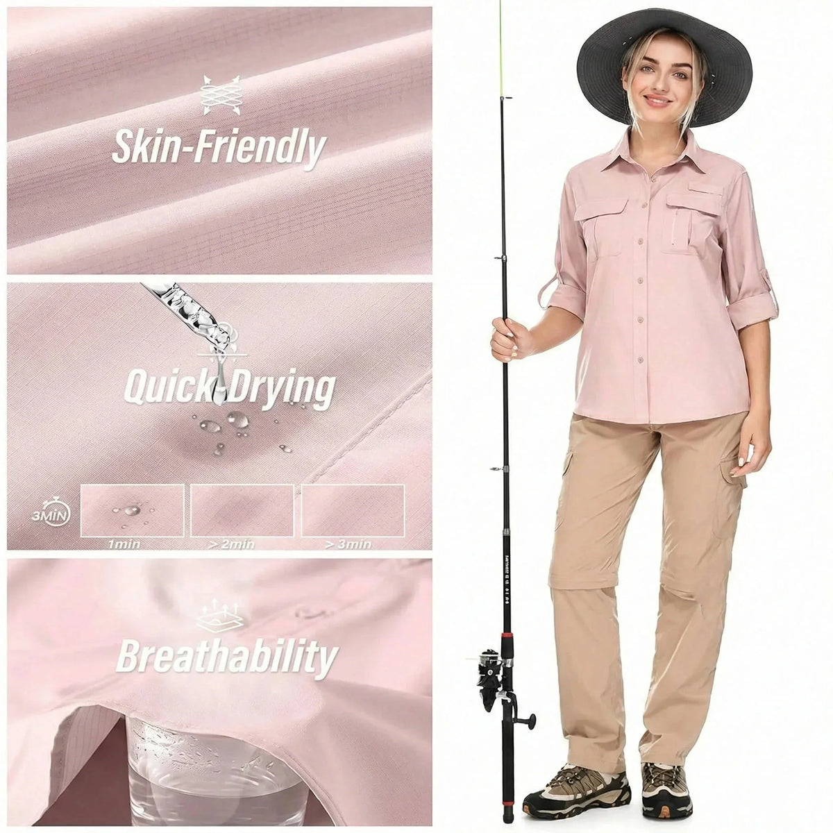 Chemise de randonnée et safari UPF 50 pour femme avec manches retroussables et poches zippées