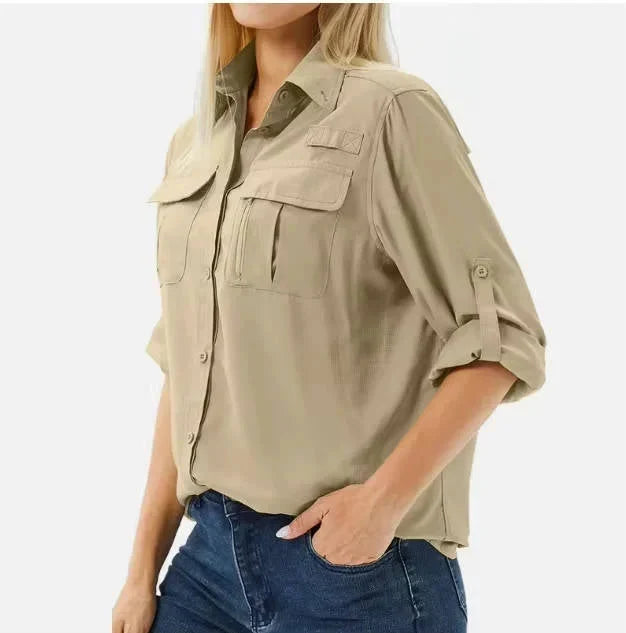 Chemise de randonnée et safari UPF 50 pour femme avec manches retroussables et poches zippées