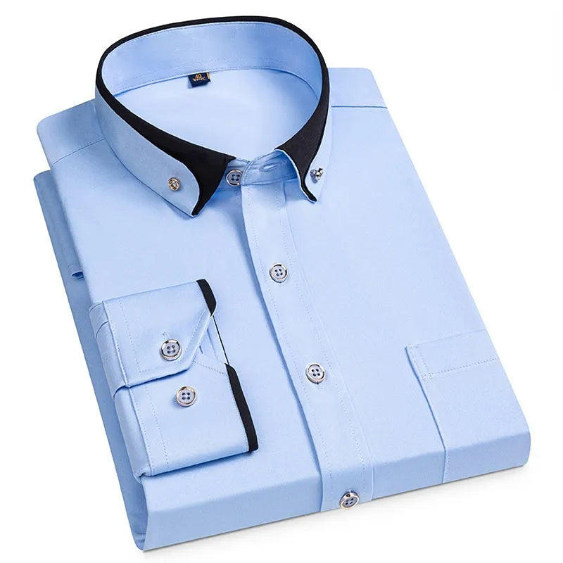 Chemise de travail extensible pour homme, col officier, col montant, infroissable