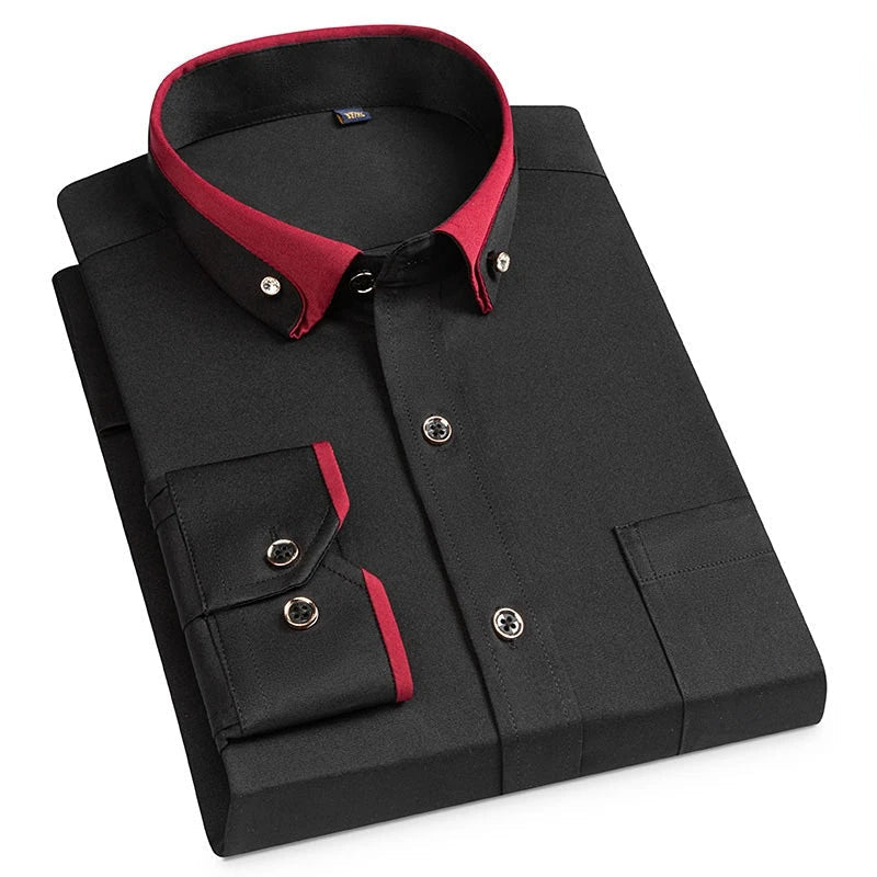 Chemise de travail extensible pour homme, col officier, col montant, infroissable