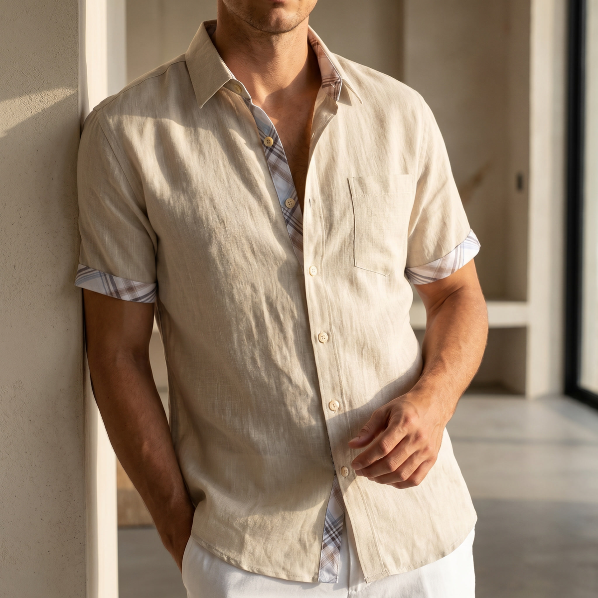 Chemise manches courtes en coton à carreaux graphiques – Chemise décontractée d'été