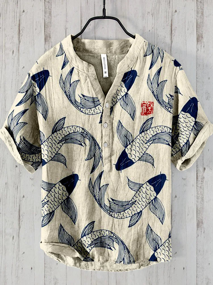 Chemise vintage à motif poissons d'art japonais