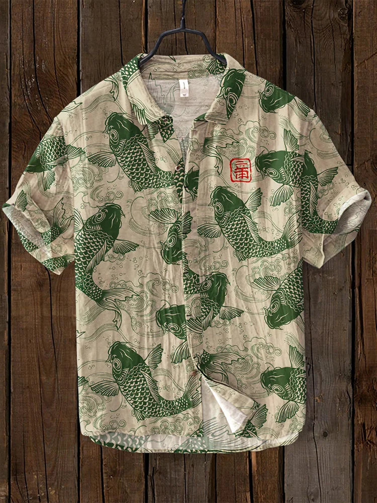 Chemise vintage à motif poissons d'art japonais