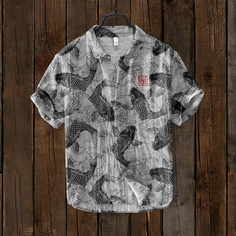 Chemise vintage à motif poissons d'art japonais