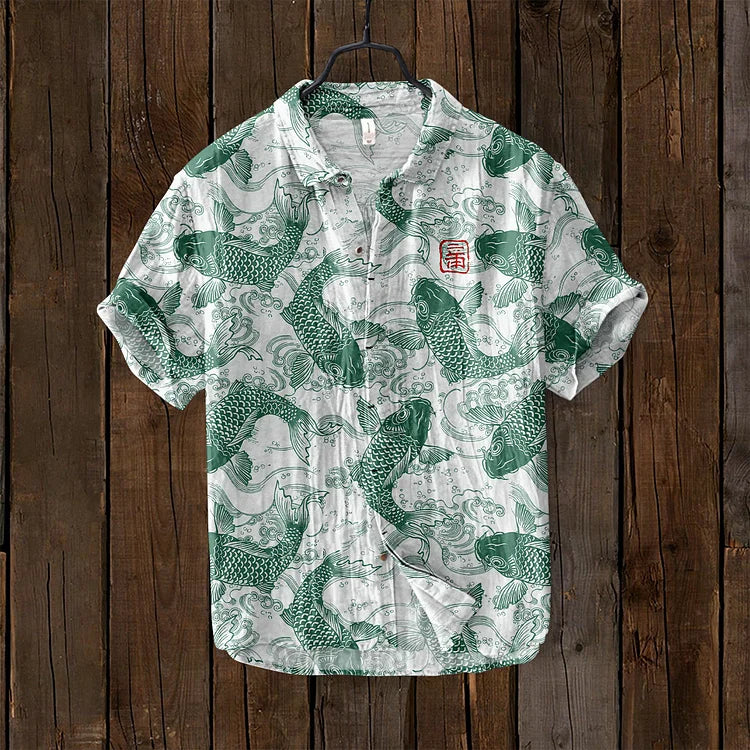 Chemise vintage à motif poissons d'art japonais
