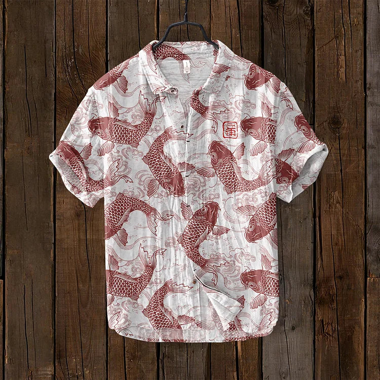 Chemise vintage à motif poissons d'art japonais