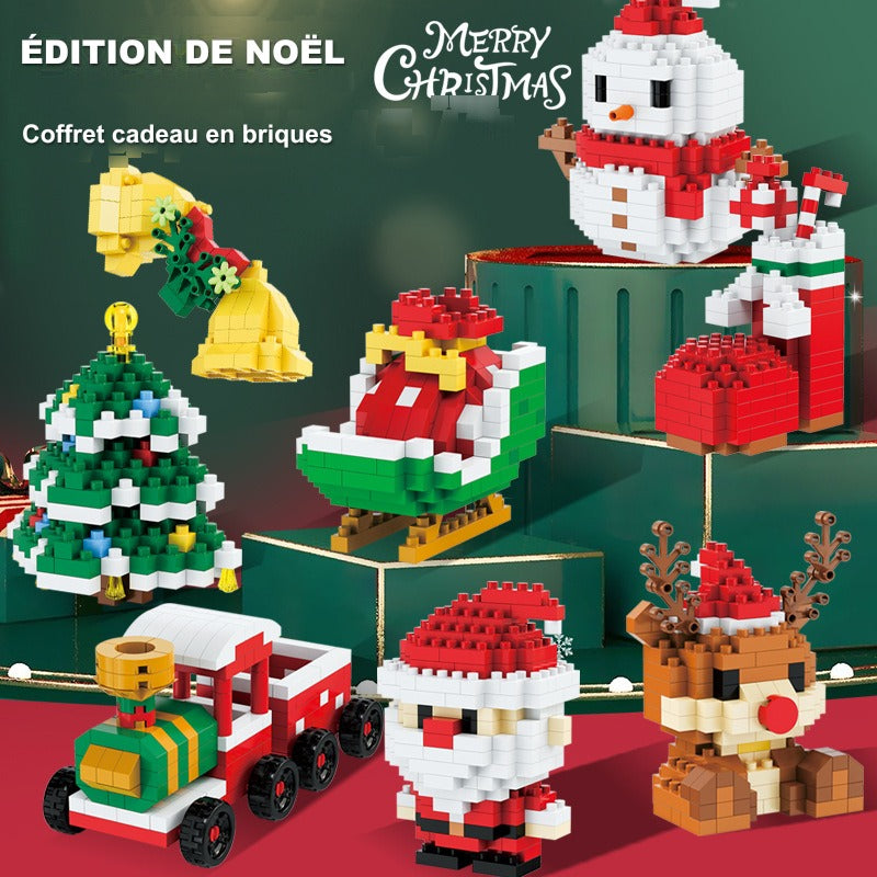 Coffret cadeau de figurines de Noël en mini briques de construction – père Noël, bonhomme de neige, renne et sapin