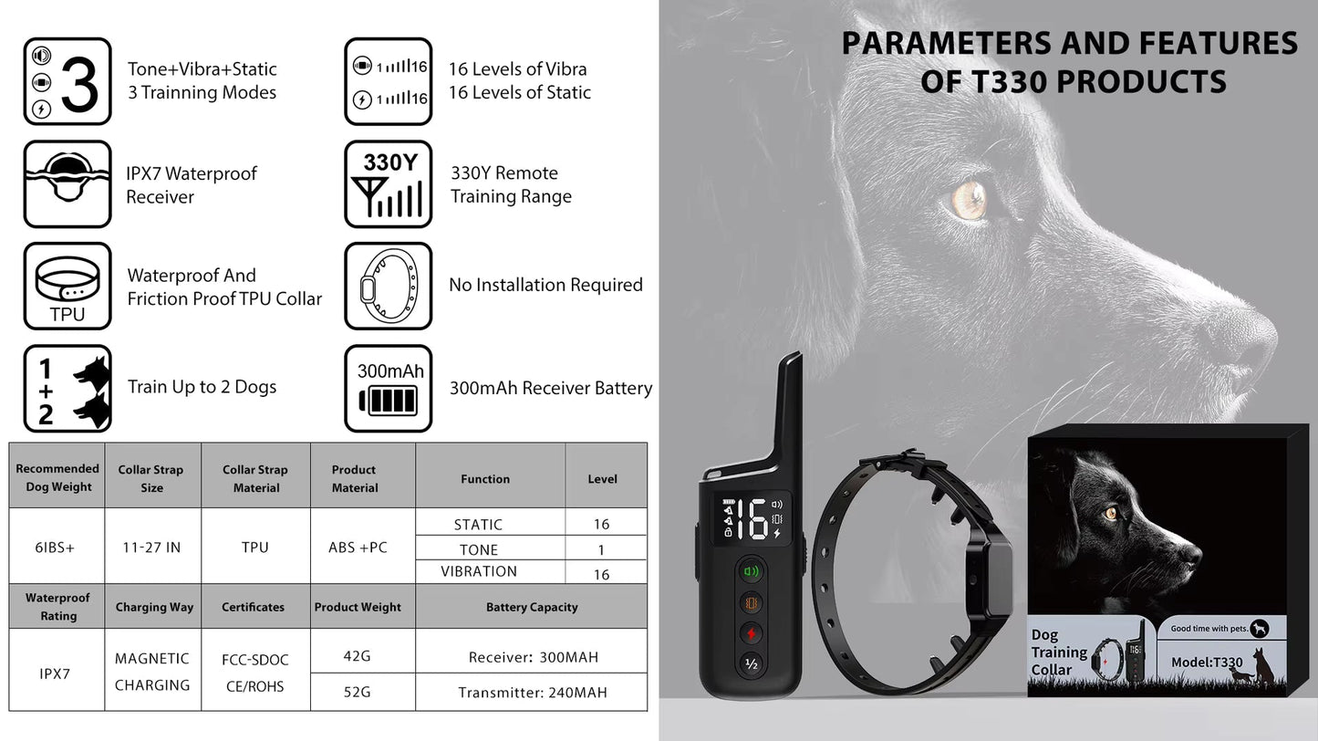 Collier de dressage électrique – télécommande 500m, étanche IPX7, modes choc, vibration et son