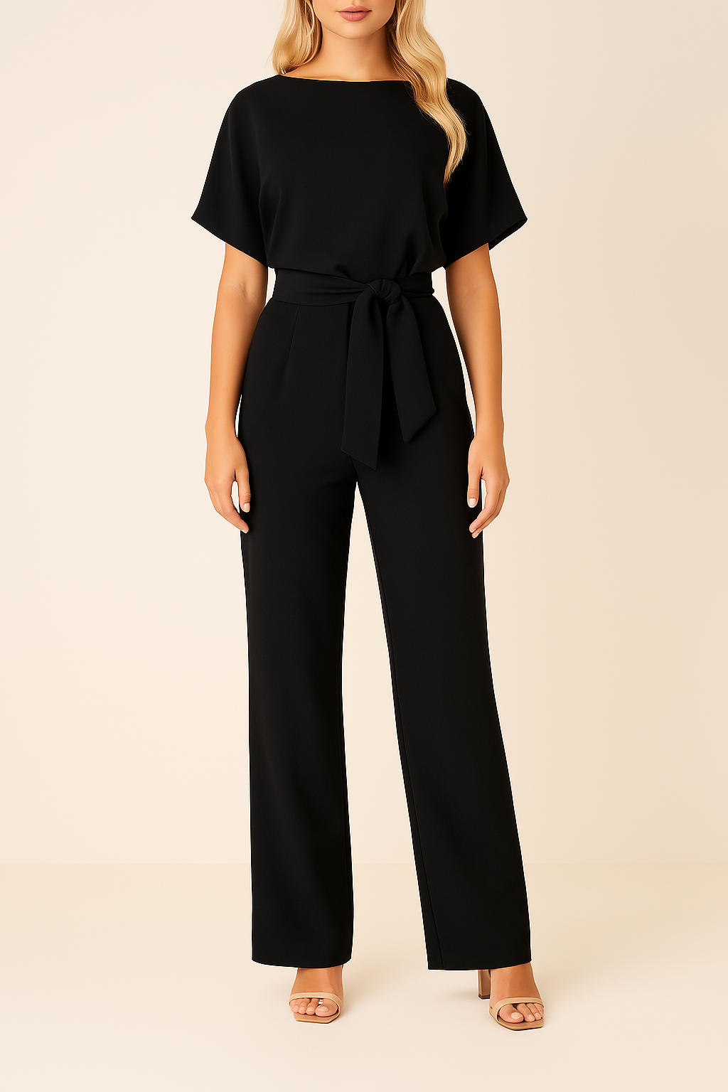 Combinaison femme élégante avec ceinture et jambes larges