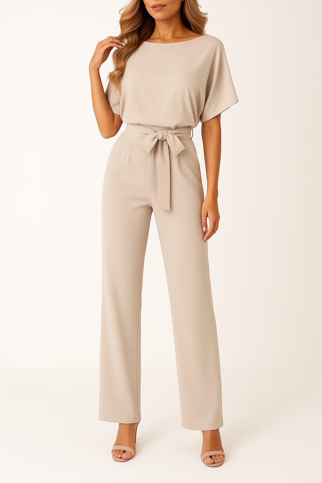 Combinaison femme élégante avec ceinture et jambes larges